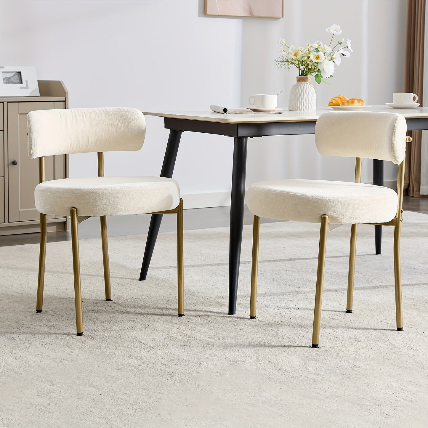 White Velvet Fabric Dining Room Chairs With Round Upholstered Curved Backrest Golden Metal Legs, Dining Chairs Set Of 6, Modern Kitchen Dining Room Chairs