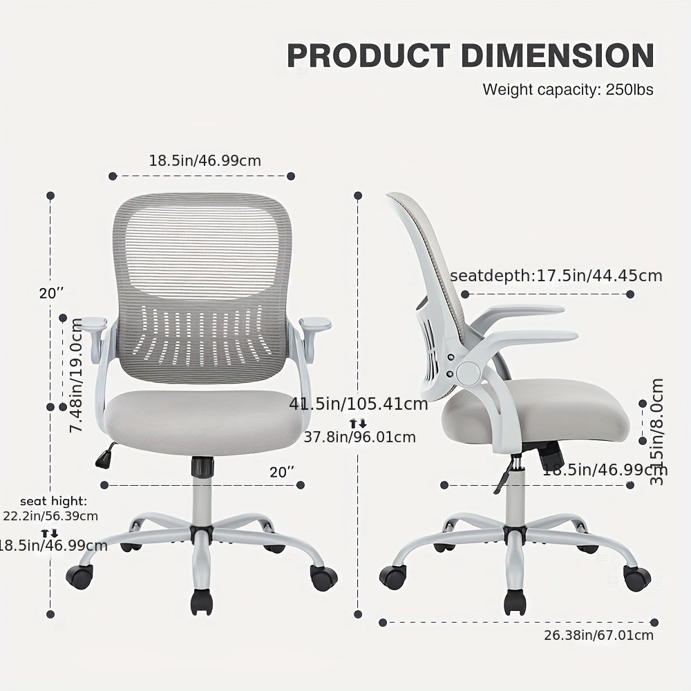 Ergonomic ComfortPlus Office Chair - Home Office Desk Chair with Mid-Back Mesh Support, Smooth Rolling Wheels, Adjustable Comfy Flip-up Arms, and Superior Lumbar Comfort for Home, Bedroom, Study, and Student Use