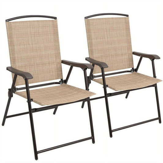 Patio Folding Chair Deck Sling Back Chair Camping Garden Pool Beach Using Chairs Space Saving Set of 2, Beige