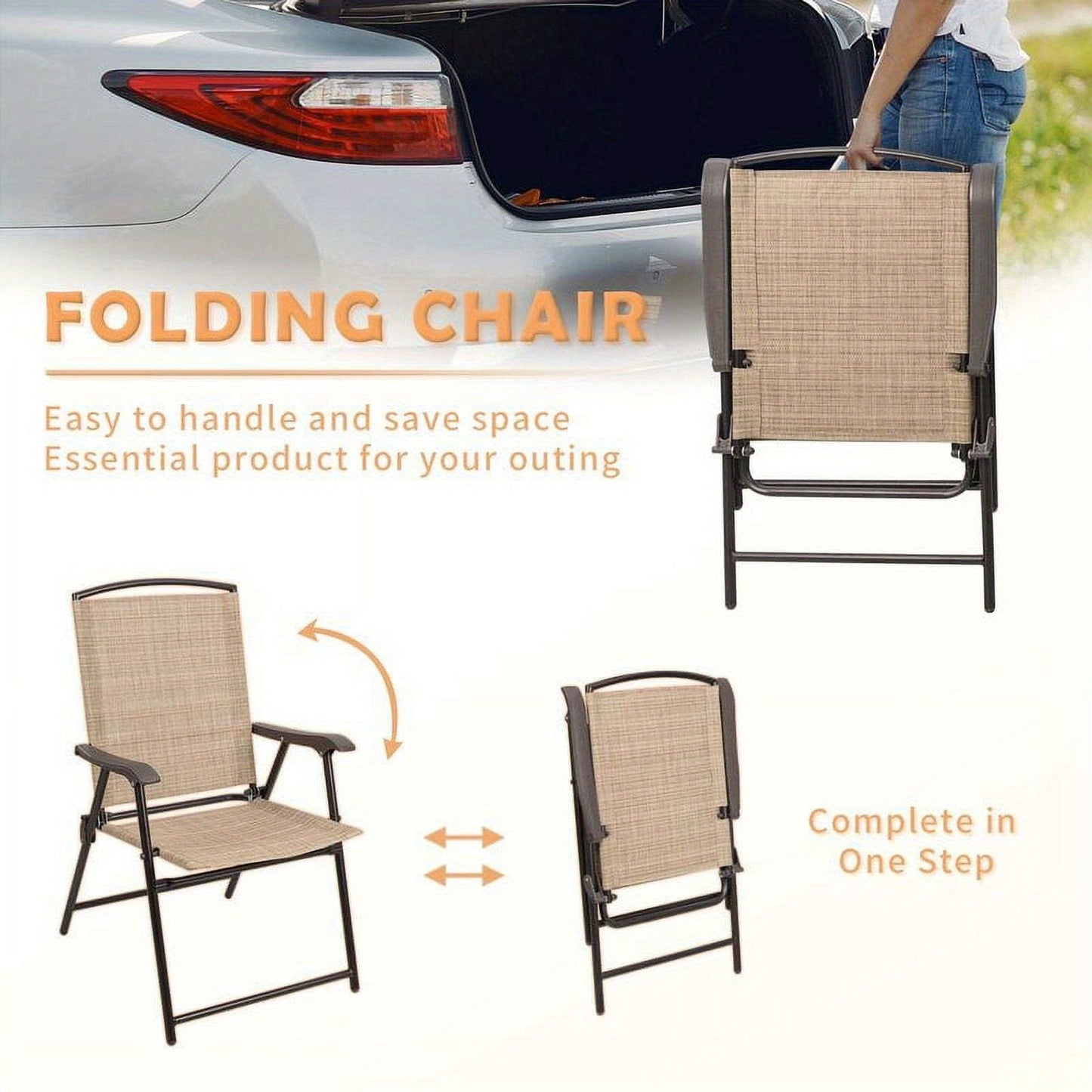 Patio Folding Chair Deck Sling Back Chair Camping Garden Pool Beach Using Chairs Space Saving Set of 2, Beige