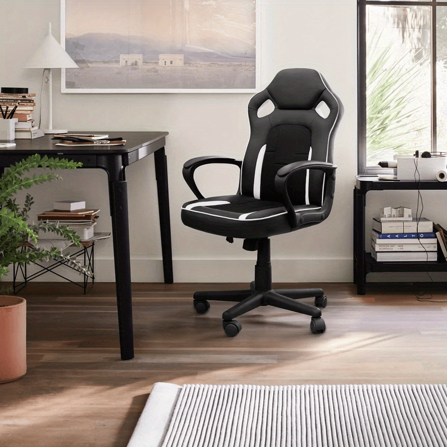 Game chair, office chair, leather computer office chair, racing style, ergonomically adjustable rotating task chair with waist support and armrests