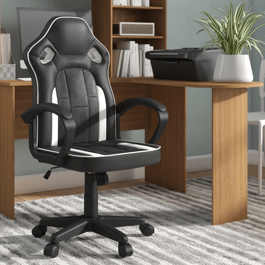 Game chair, office chair, leather computer office chair, racing style, ergonomically adjustable rotating task chair with waist support and armrests