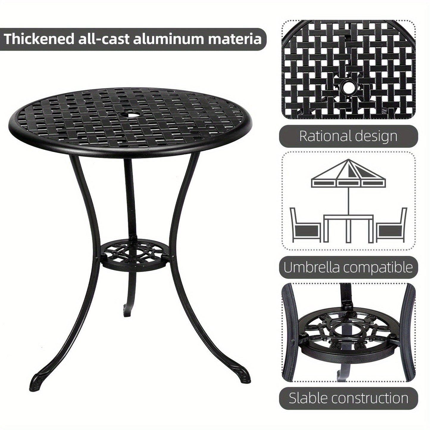 3-Piece Patio Bistro Set - Cast Aluminum Table and Chairs with Umbrella Hole, Perfect for Patio, Backyard, Garden, Balcony, Bronze Finish