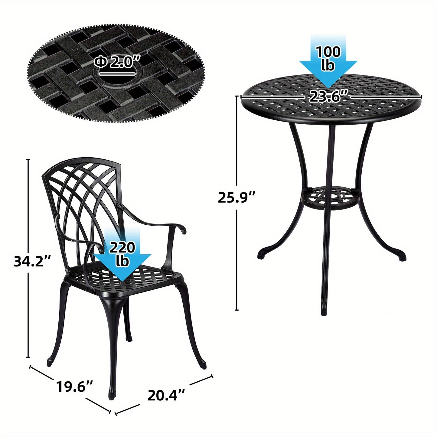 3-Piece Patio Bistro Set - Cast Aluminum Table and Chairs with Umbrella Hole, Perfect for Patio, Backyard, Garden, Balcony, Bronze Finish