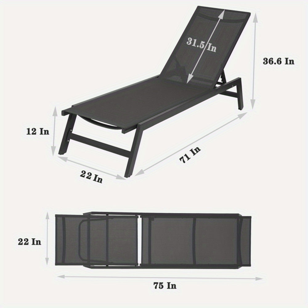 1pcs Premium Outdoor Adjustable Recliner Lounge Chair - Five-Position Aluminum Chaise for Patio, Beach, Yard, Pool - Weather-Resistant, Easy-to-Assemble, Grey Frame with Black Fabric