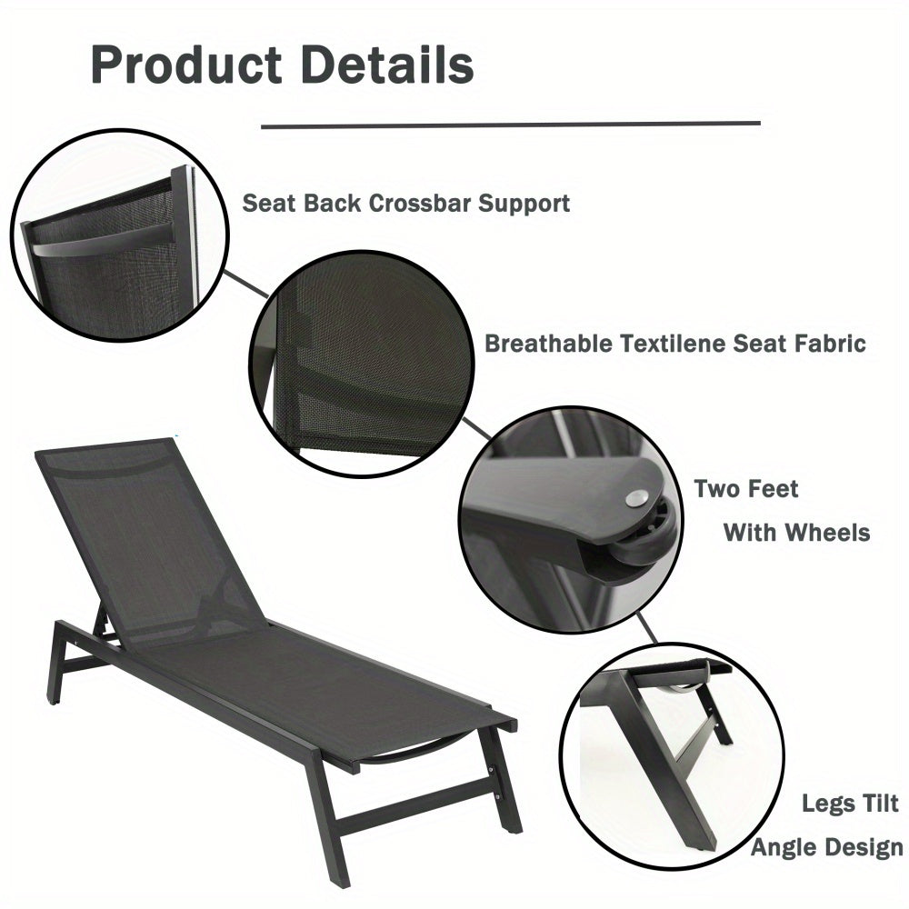 1pcs Premium Outdoor Adjustable Recliner Lounge Chair - Five-Position Aluminum Chaise for Patio, Beach, Yard, Pool - Weather-Resistant, Easy-to-Assemble, Grey Frame with Black Fabric