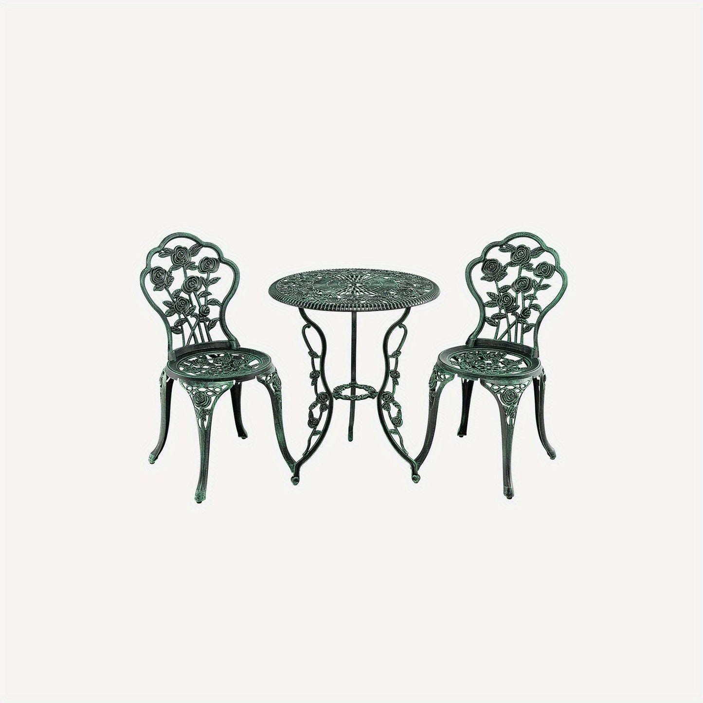 3-Piece Cast Aluminum Patio Bistro Set Enjoy outdoor leisure time with your loved one using our 3-Piece Cast Aluminum Patio Bistro Set. This charming set is perfect for sipping coffee and soaking in the beautiful scenery, whether on your porch, patio, gar