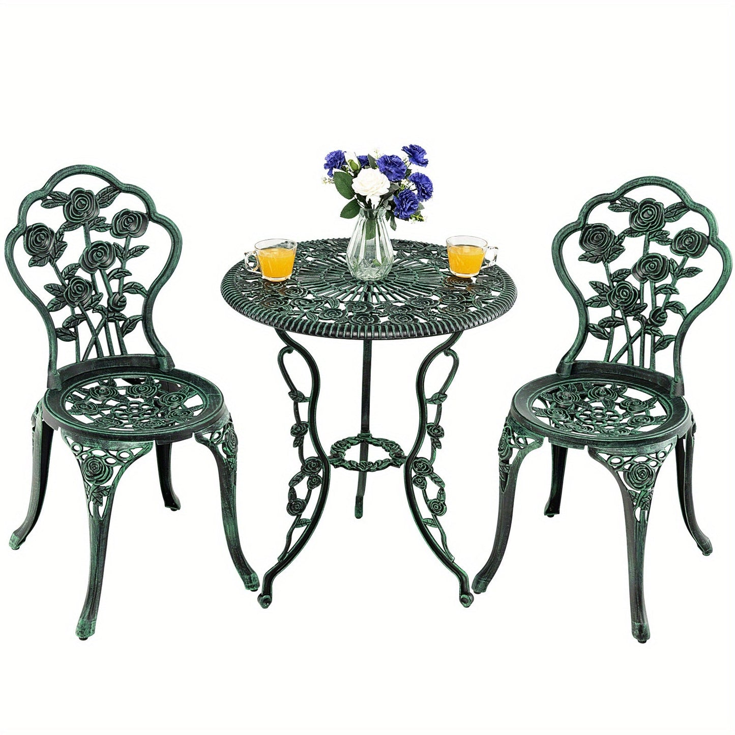 3-Piece Cast Aluminum Patio Bistro Set Enjoy outdoor leisure time with your loved one using our 3-Piece Cast Aluminum Patio Bistro Set. This charming set is perfect for sipping coffee and soaking in the beautiful scenery, whether on your porch, patio, gar