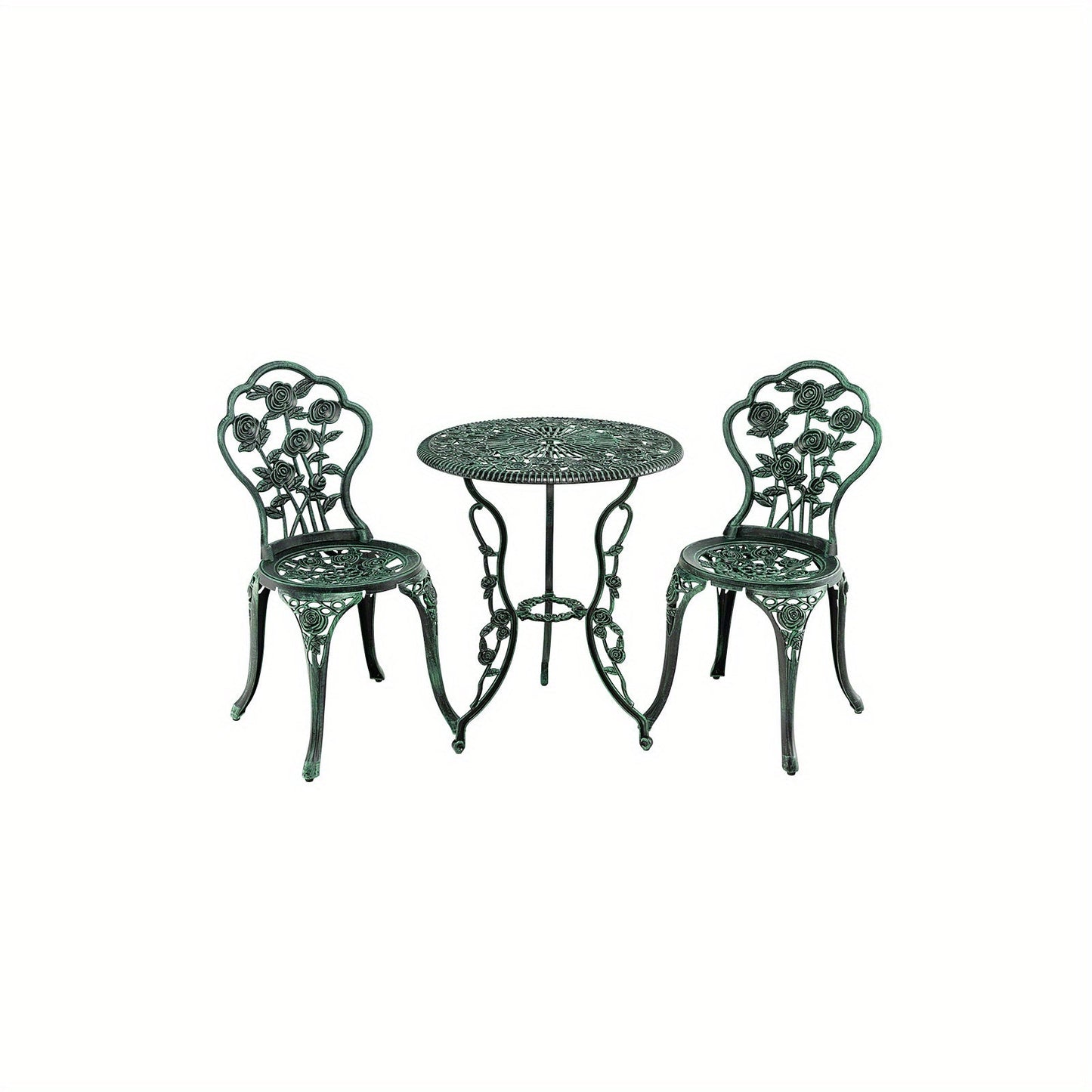 3-Piece Cast Aluminum Patio Bistro Set Enjoy outdoor leisure time with your loved one using our 3-Piece Cast Aluminum Patio Bistro Set. This charming set is perfect for sipping coffee and soaking in the beautiful scenery, whether on your porch, patio, gar