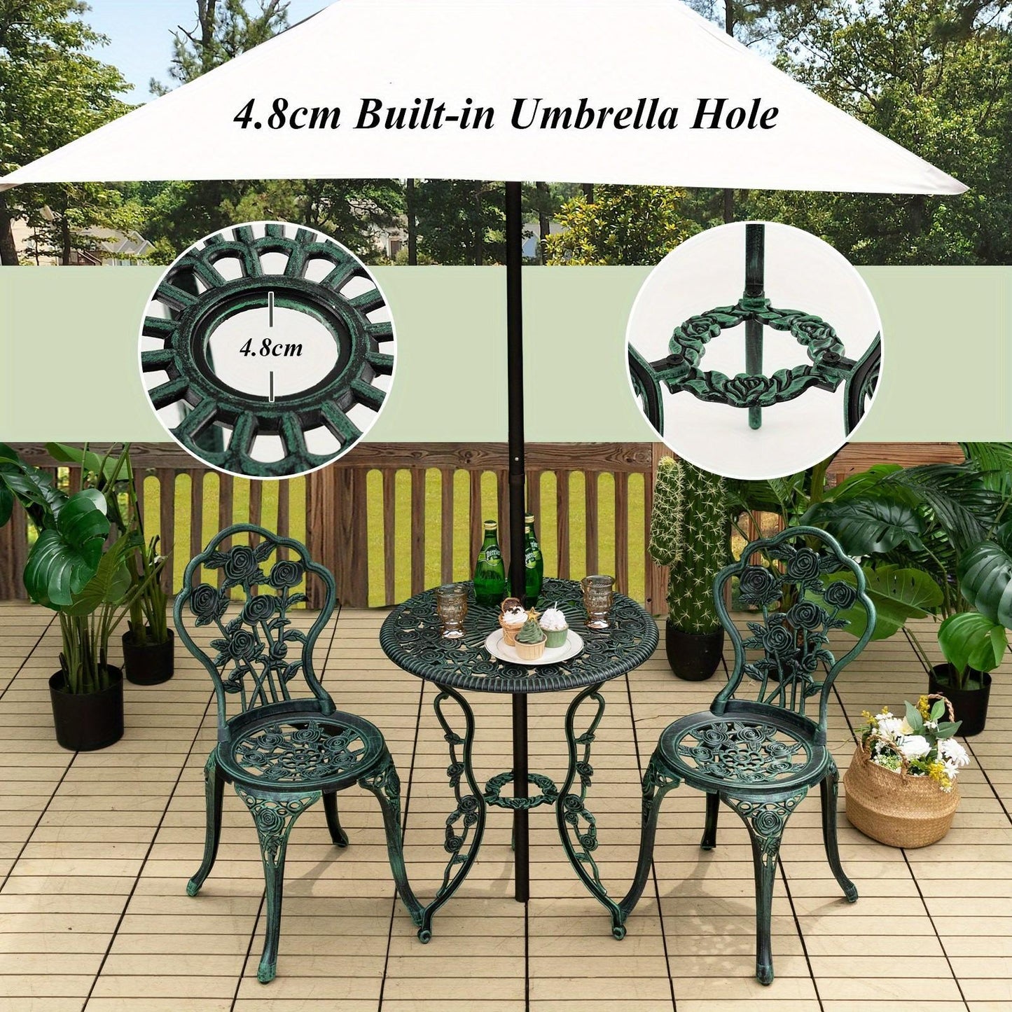 3-Piece Cast Aluminum Patio Bistro Set Enjoy outdoor leisure time with your loved one using our 3-Piece Cast Aluminum Patio Bistro Set. This charming set is perfect for sipping coffee and soaking in the beautiful scenery, whether on your porch, patio, gar