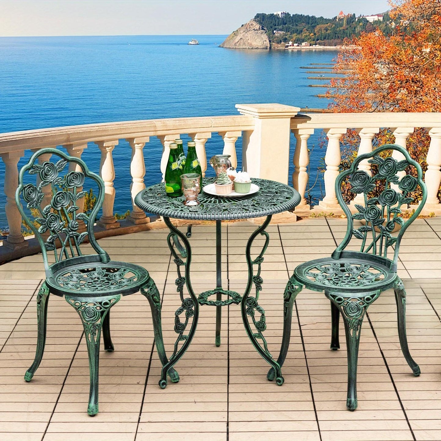 3-Piece Cast Aluminum Patio Bistro Set Enjoy outdoor leisure time with your loved one using our 3-Piece Cast Aluminum Patio Bistro Set. This charming set is perfect for sipping coffee and soaking in the beautiful scenery, whether on your porch, patio, gar