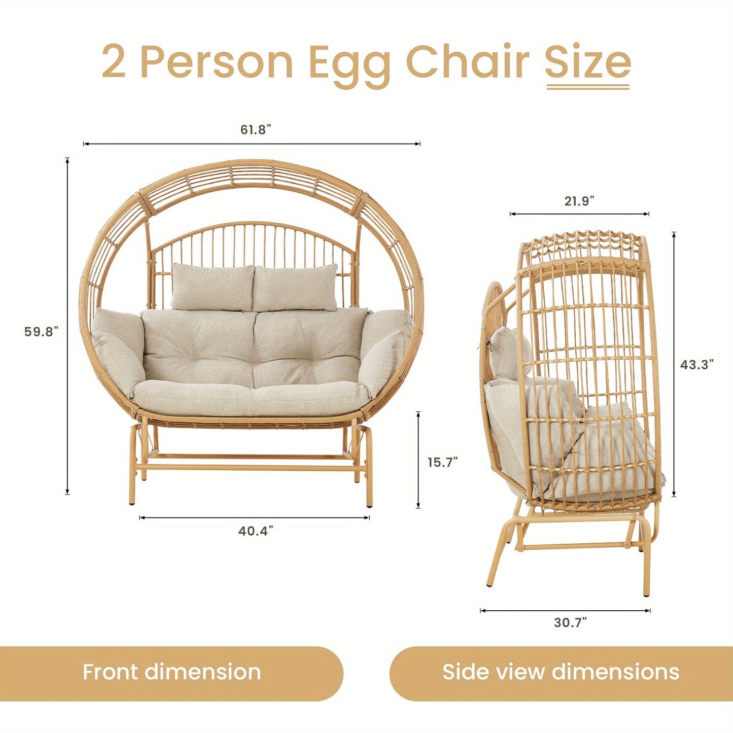 2-Person Yellow PE Rattan Egg-Shaped Outdoor Recliner Rocking Chair Set - Conversation Sets with Adjustable, Sturdy, and Relaxing Features - Perfect for Patio, Garden, or Backyard with Beige Cushion and Durable Construction