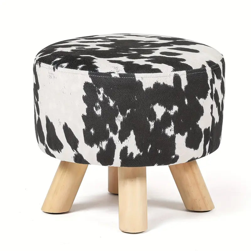 Small Round Ottoman Foot Rest Stool Linen Padded Seat Footstool Ottoman with Non-Skid Wooden Legs