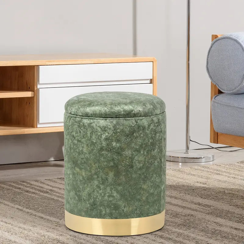 Round Storage Ottoman With Removable Lid, Velvet Upholstered Padded Vanity Stool Footrest With Golden Plating Base, Footstool For Living Room Bedroom Makeup Room