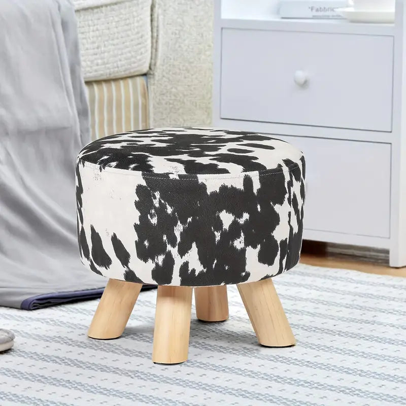 Small Round Ottoman Foot Rest Stool Linen Padded Seat Footstool Ottoman with Non-Skid Wooden Legs