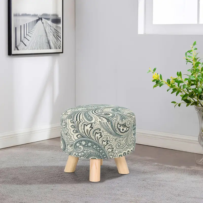 Chic Modern Linen-Upholstered Round Ottoman with Plush Cushion and Non-Slip Wooden Legs - Perfect for Home Decor