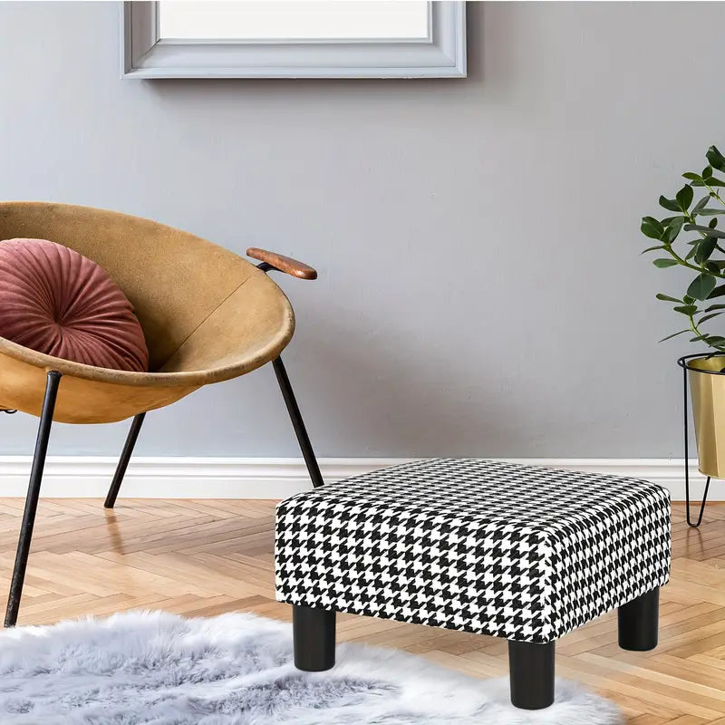 Square Footrest Modern Imitated Linen Footstool Small Ottoman For Living Room Bedroom (Black & White Plaid)