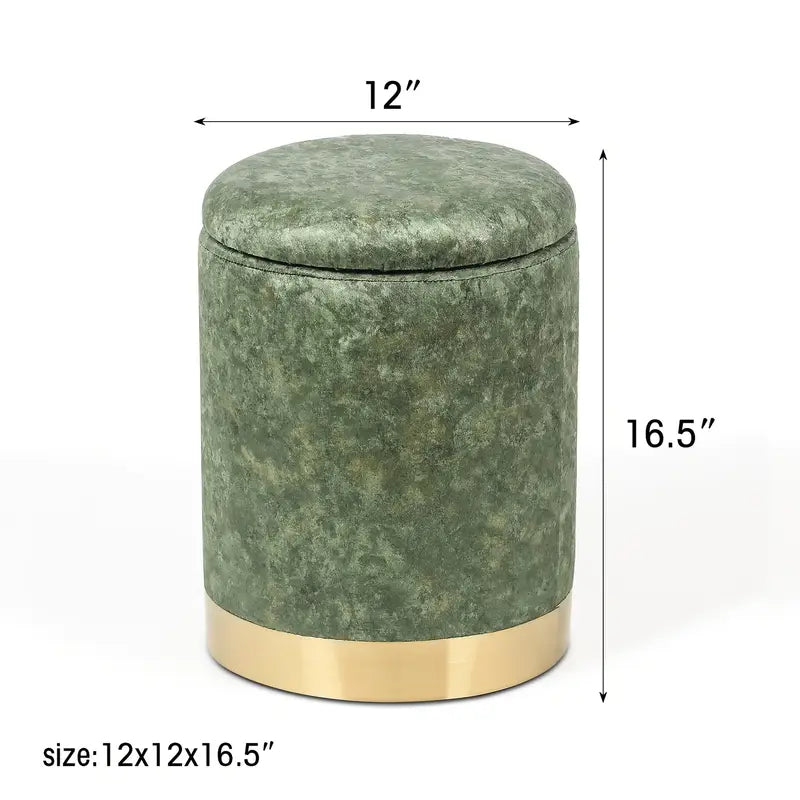 Round Storage Ottoman With Removable Lid, Velvet Upholstered Padded Vanity Stool Footrest With Golden Plating Base, Footstool For Living Room Bedroom Makeup Room