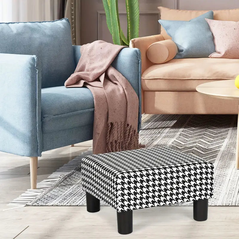 Square Footrest Modern Imitated Linen Footstool Small Ottoman For Living Room Bedroom (Black & White Plaid)