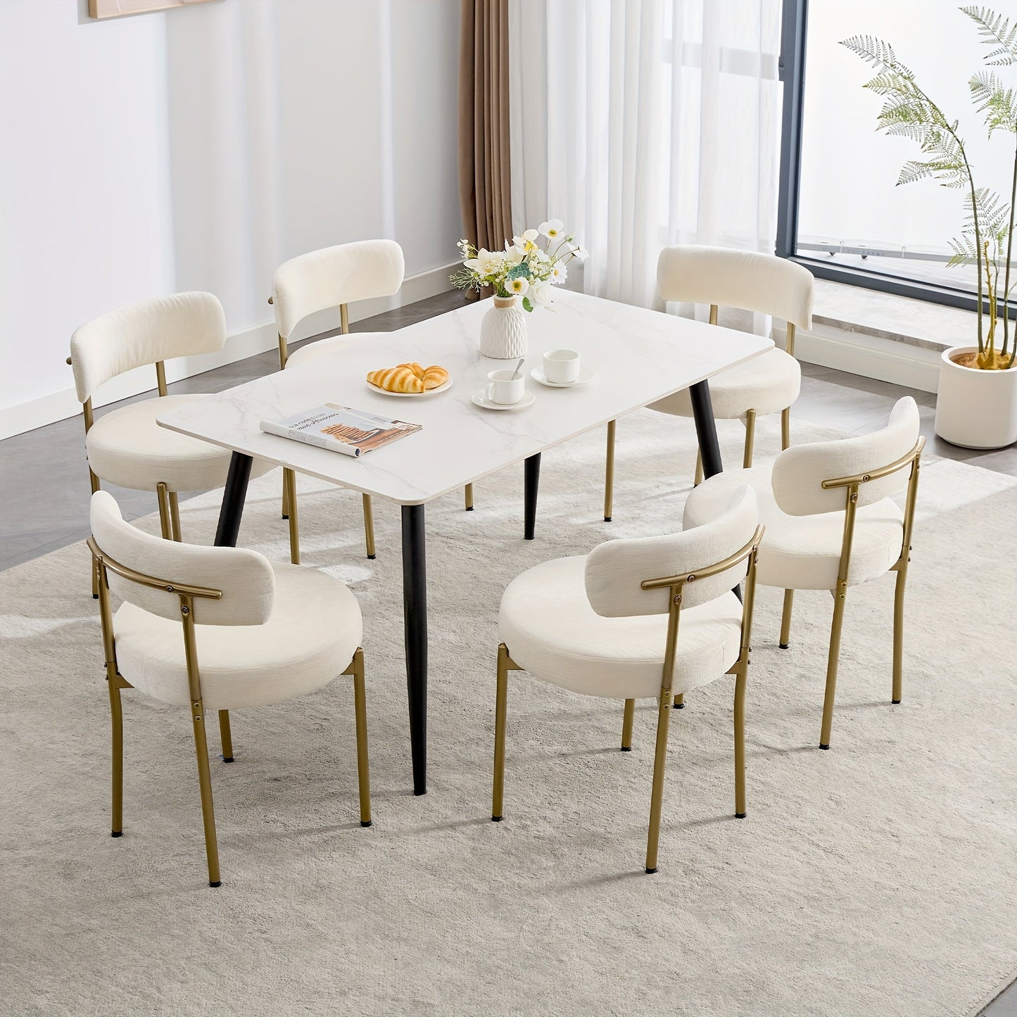 White Velvet Fabric Dining Room Chairs With Round Upholstered Curved Backrest Golden Metal Legs, Dining Chairs Set Of 6, Modern Kitchen Dining Room Chairs