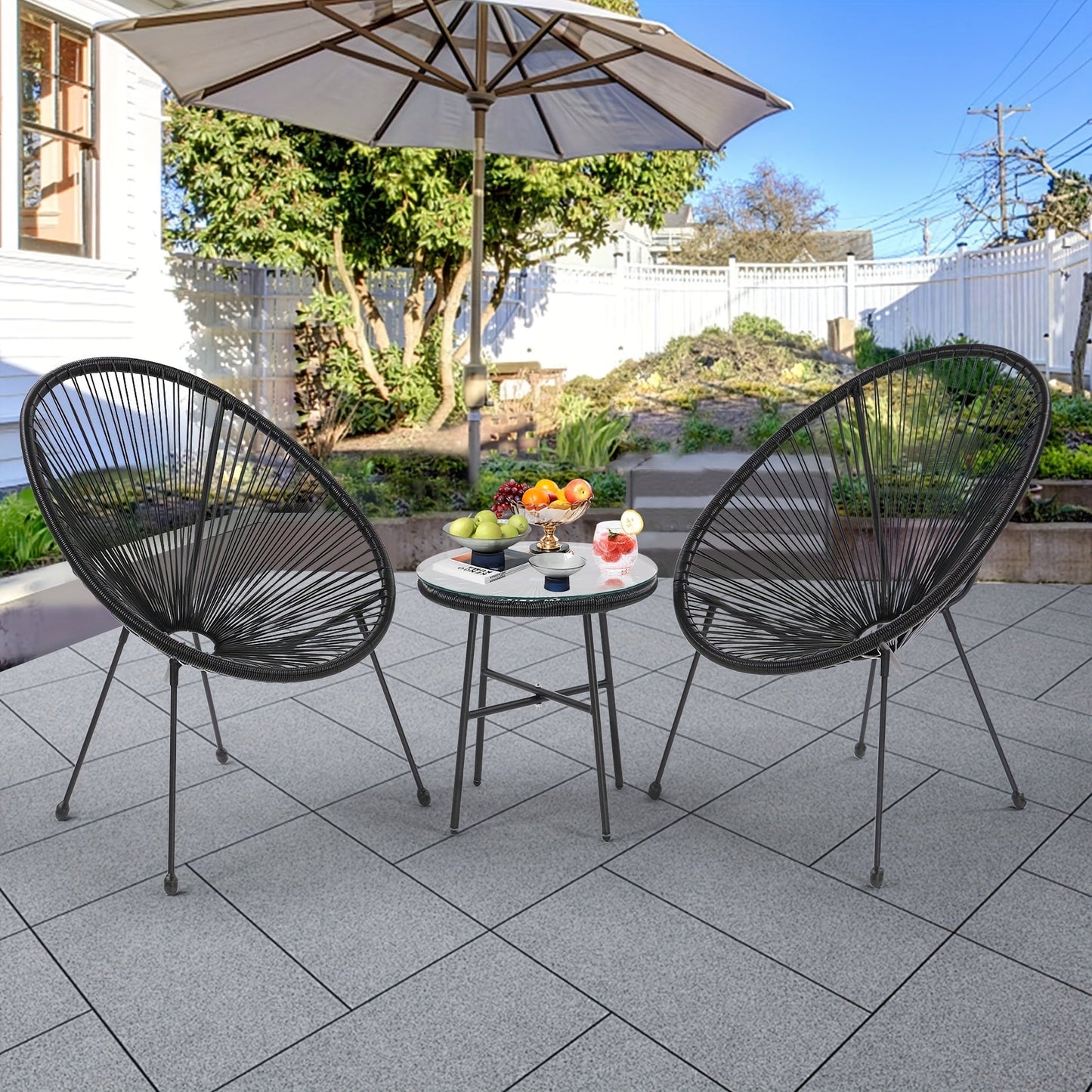 3 PCS Patio Bistro Set Outdoor Acapulco Patio Chair All-Weather Patio Conversation Set With Rope, Wicker Set With Glass Top Table For Balcony Backyard Indoor & Outdoor (Black)