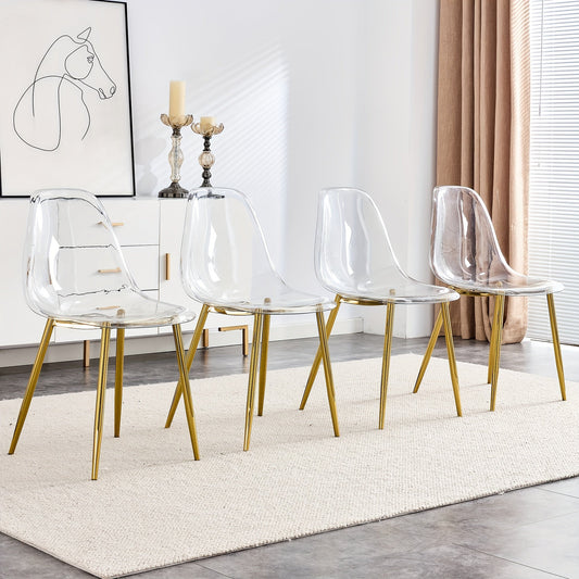 Clear Dining Chairs Set of 4, Modern Kitchen Chairs with Transparent Seat, Acrylic Accent Side Chairs with Plating Metal Legs for Dining Room, Kitchen, Living Room with Golden