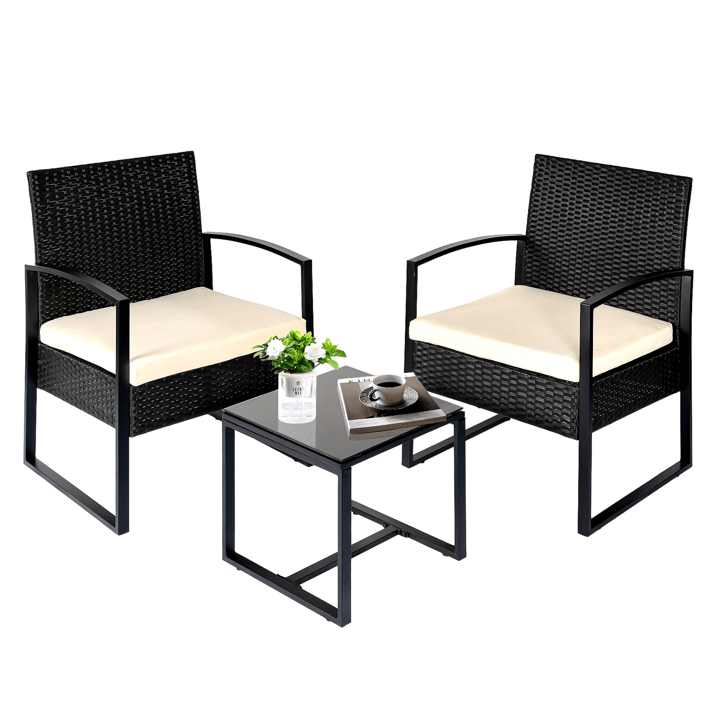 2-Person 3-Piece Outdoor Wicker Patio Furniture Set with Removable Cushions, Rattan Conversation Bistro Set for Garden, Patio, Balcony