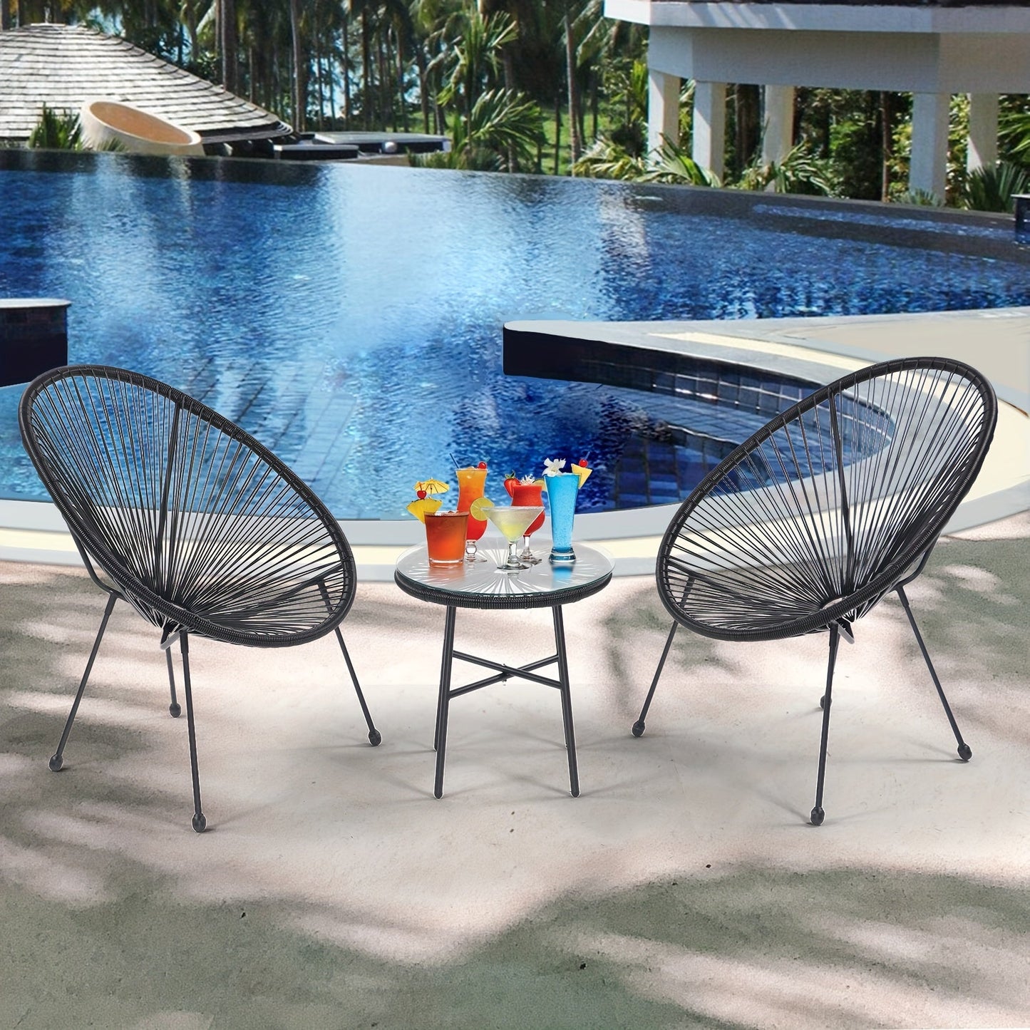 3 PCS Patio Bistro Set Outdoor Acapulco Patio Chair All-Weather Patio Conversation Set With Rope, Wicker Set With Glass Top Table For Balcony Backyard Indoor & Outdoor (Black)