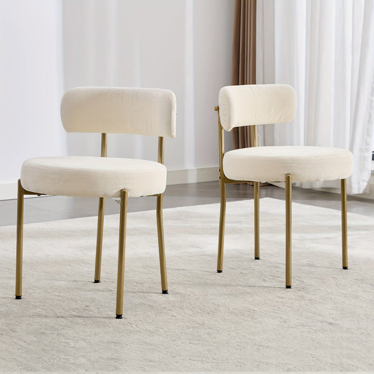 White Velvet Fabric Dining Room Chairs With Round Upholstered Curved Backrest Golden Metal Legs, Dining Chairs Set Of 6, Modern Kitchen Dining Room Chairs