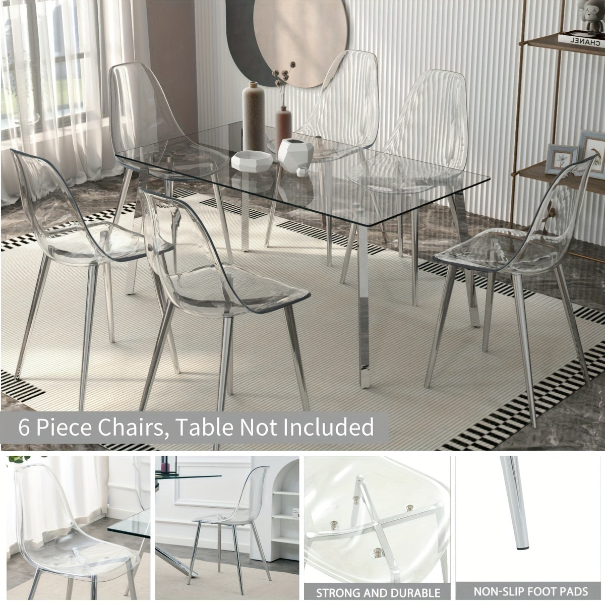 6-Piece Transparent Dining Chairs Silver Plated Metal Legs Chairs Modern Minimalist Armless Crystal Chair, High-density PET Material Smooth Surface Nordic Creative Makeup Stool, Negotiation Chair