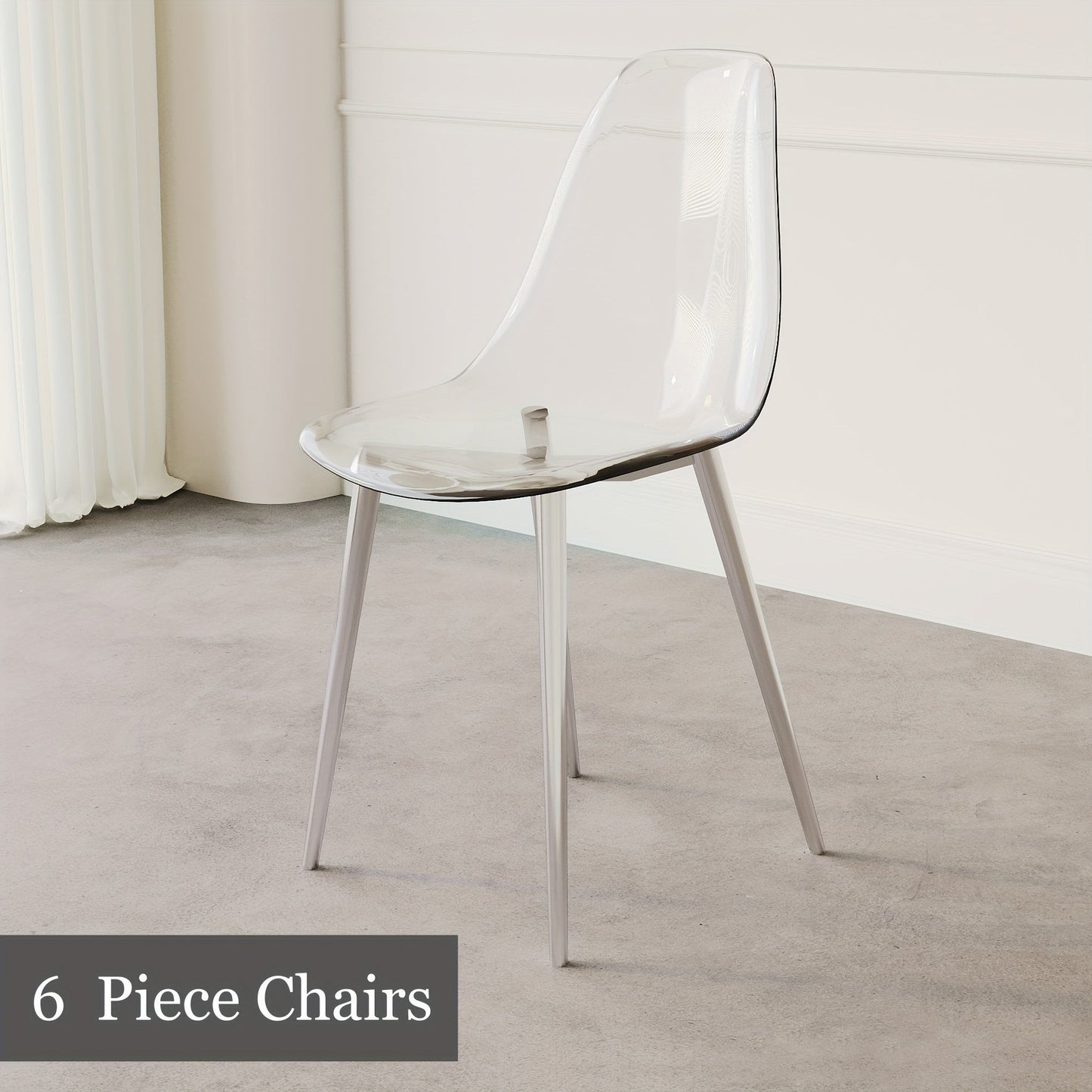 6-Piece Transparent Dining Chairs Silver Plated Metal Legs Chairs Modern Minimalist Armless Crystal Chair, High-density PET Material Smooth Surface Nordic Creative Makeup Stool, Negotiation Chair