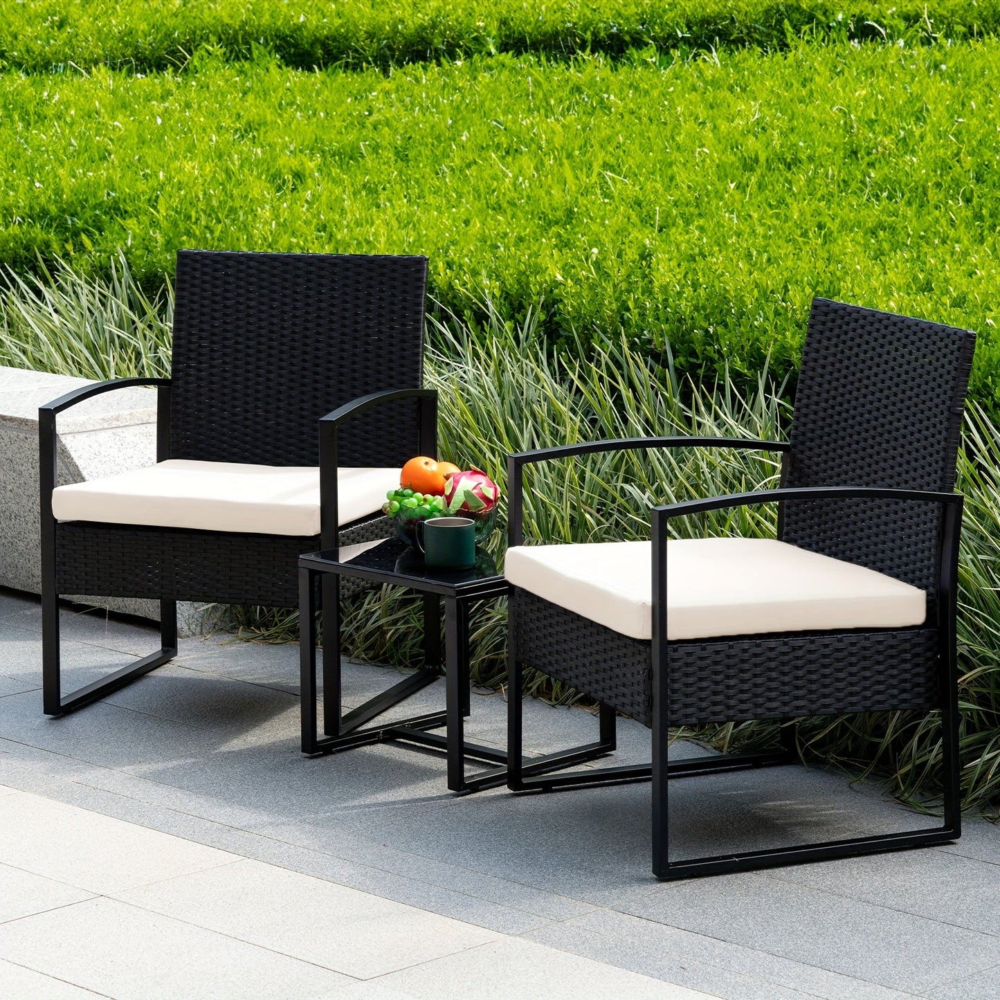 2-Person 3-Piece Outdoor Wicker Patio Furniture Set with Removable Cushions, Rattan Conversation Bistro Set for Garden, Patio, Balcony