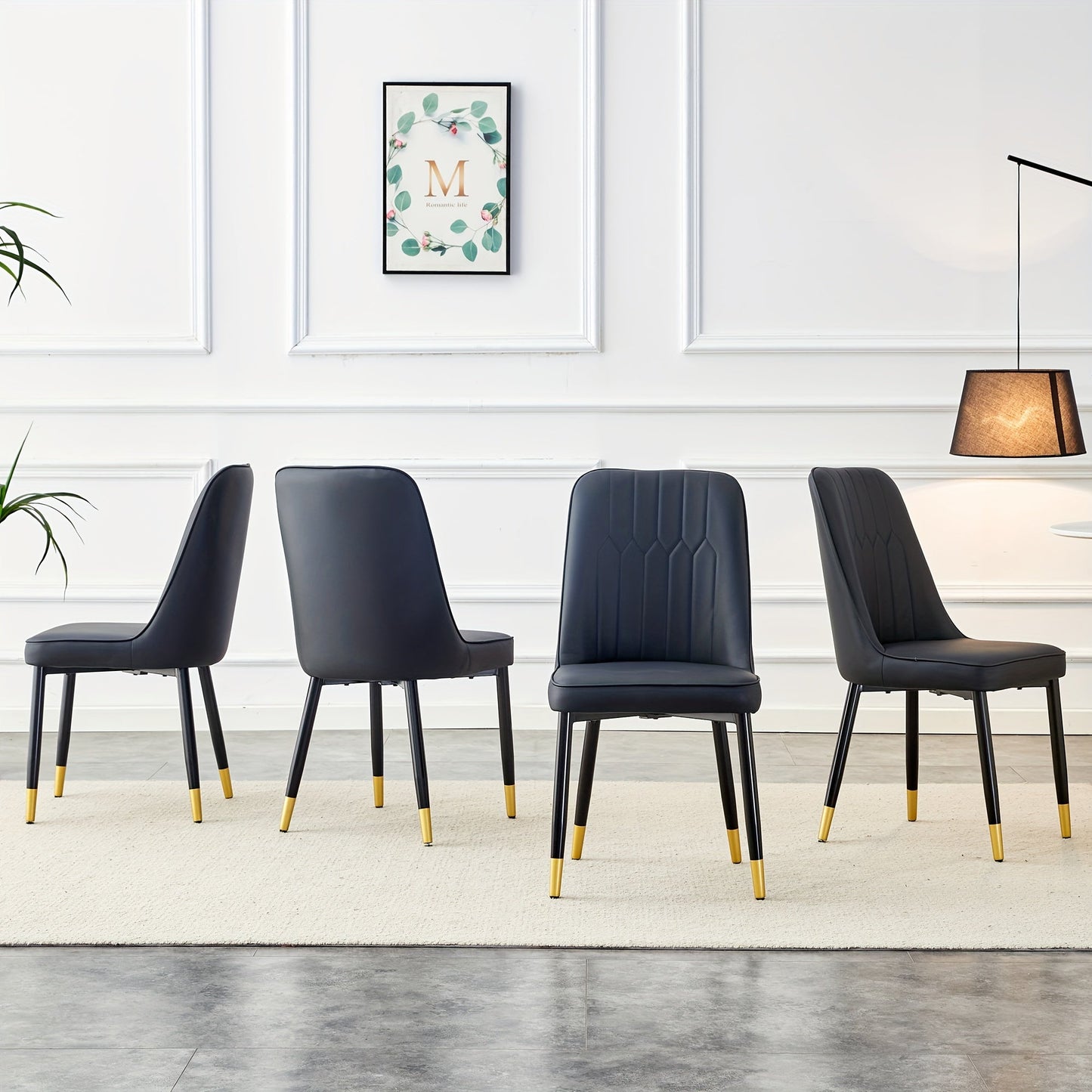 A Set Of Four Modern Dining Chairs With Artificial Leather Backrest Cushions And Black Metal Legs, Suitable For Dining Rooms, Kitchens, And Bedrooms