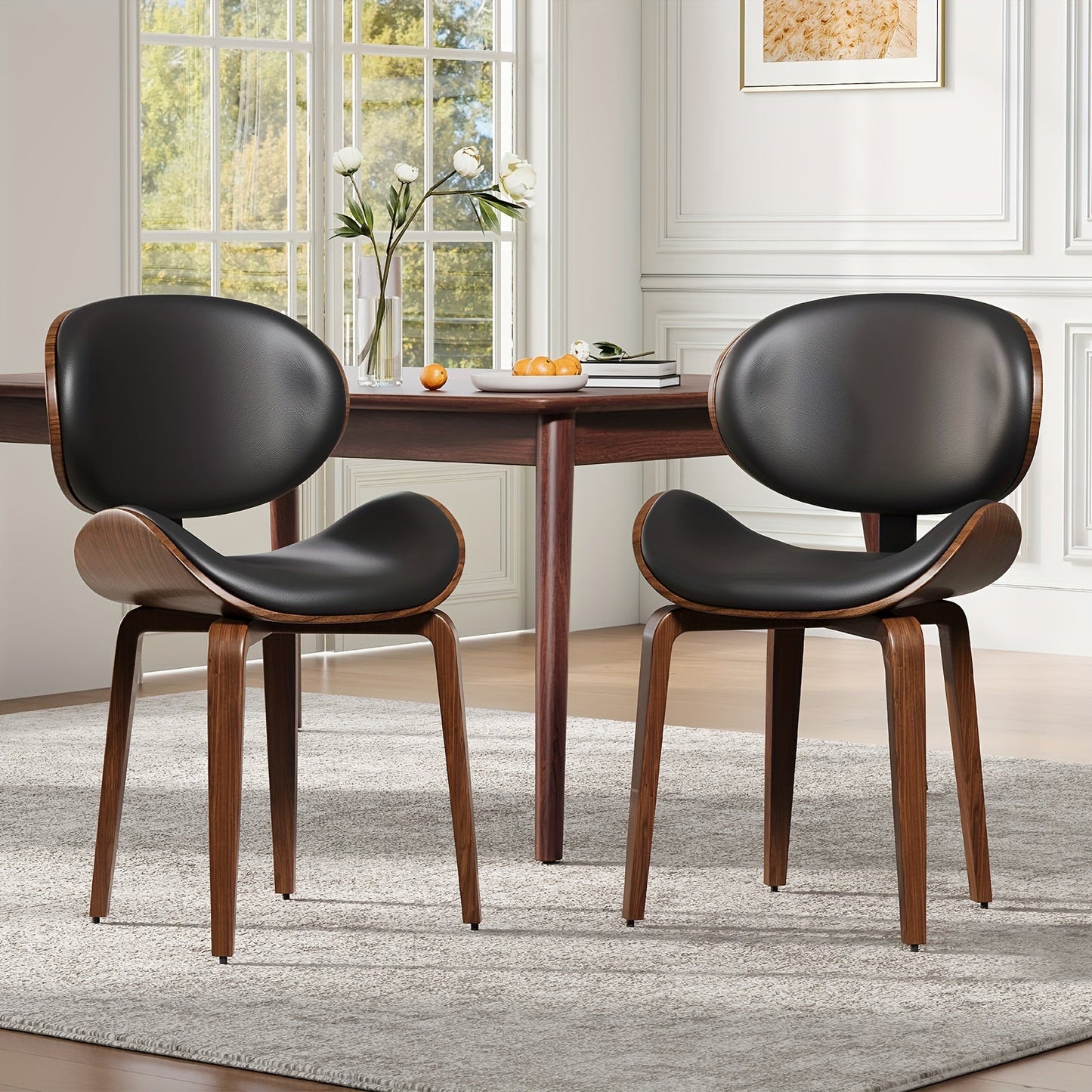 Set Of 4 Mid-Century Modern Dining Chairs, Faux Leather Seats With Walnut Bentwood Backs, And Adjustable Solid Wood Legs For Kitchen Or Dining Room