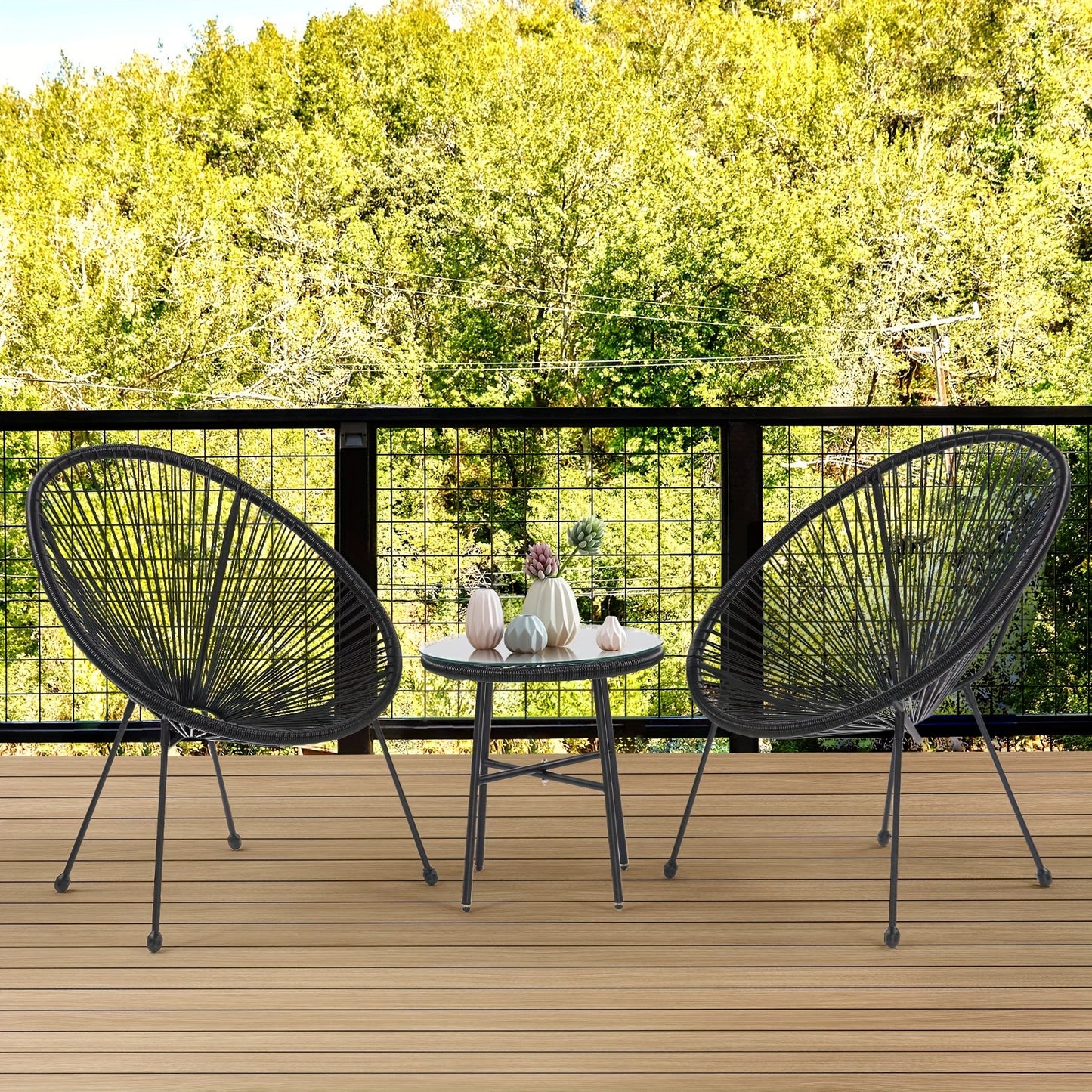 3 PCS Patio Bistro Set Outdoor Acapulco Patio Chair All-Weather Patio Conversation Set With Rope, Wicker Set With Glass Top Table For Balcony Backyard Indoor & Outdoor (Black)